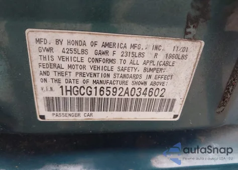 2002 Honda Accord 3.0 Ex from USA, damaged, VIN 1HGCG16592A034602